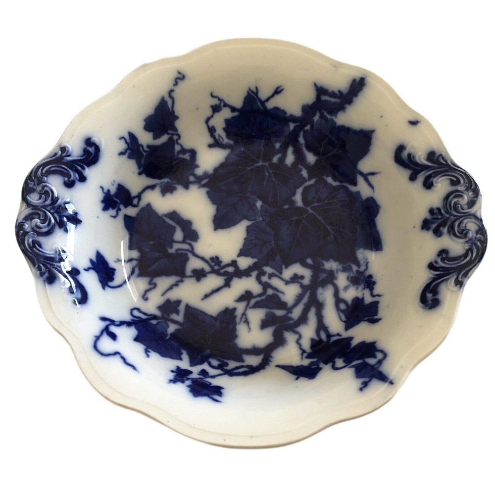 Antique James Kent China 10-1/2" Flow Blue Serving Bowl Grapevine Ivy Circa 1910